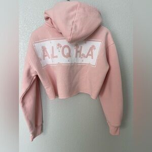 Hawaii Aloha Pink Cropped Sweatshirt Hoodie Zip Up Women Medium preppy